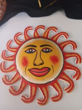2 Hand Crafted Bright Yellow and Red Sun Face Wall Art